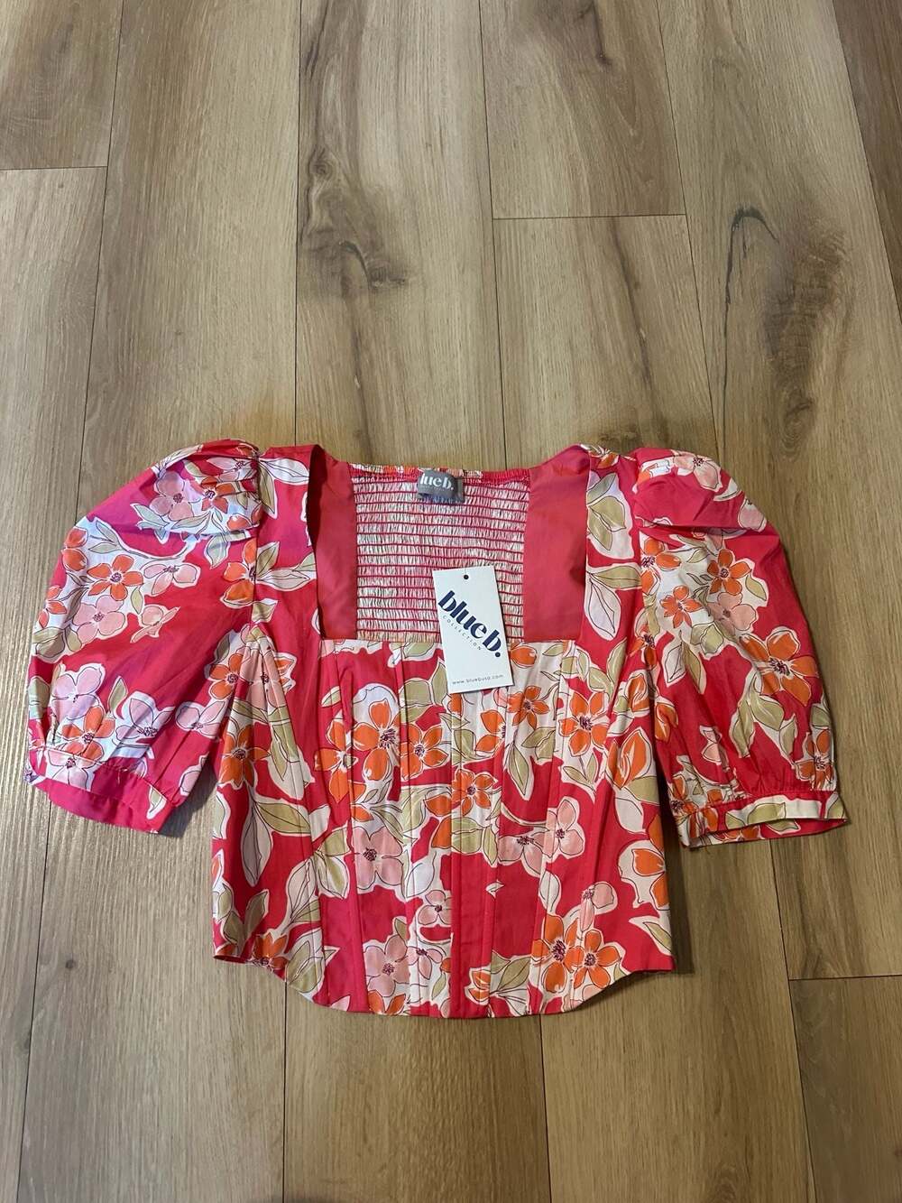 Blue B Collection Floral Puff Sleeve Smocked Back Blouse Top Pink Orange Small N